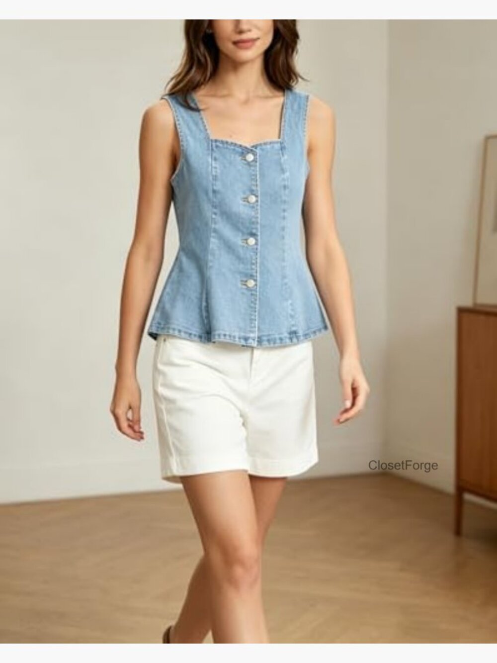 Women's Square Neck Denim Corset Tank Top Peplum Button Vest Sleeveless - Picture 4 of 7